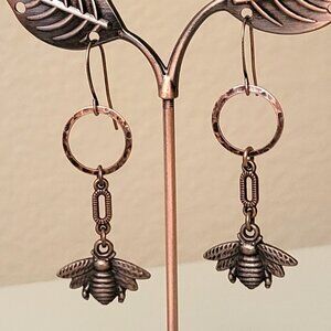 HONEY BEE Copper Charm Earrings Brass Hook Ear wires Bumble Bee, Insect